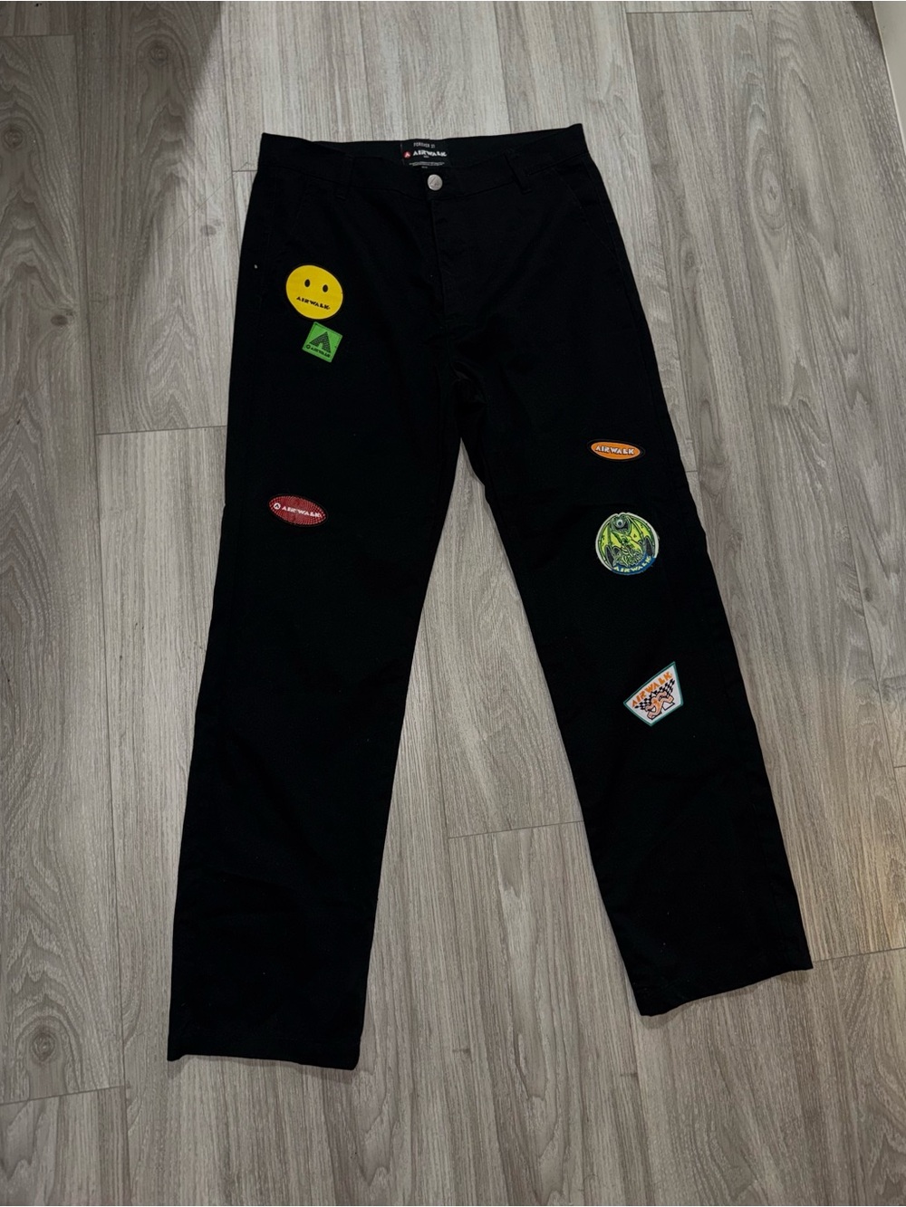 Forever 21 x Airwalk Black Men's Patchwork Sticker-Embellished Chinos